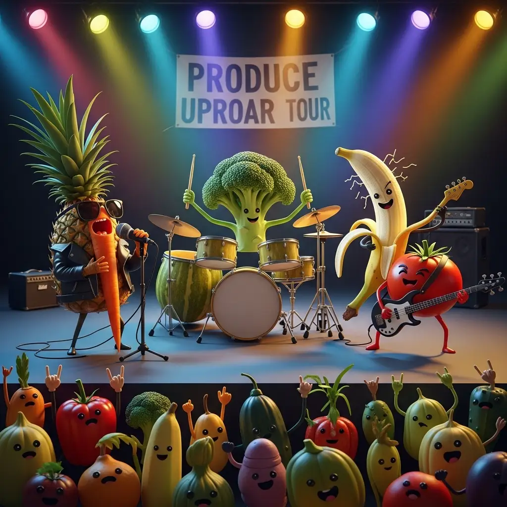 Funny Meta AI Image Prompt Fruits and vegetables in a rock band concert.