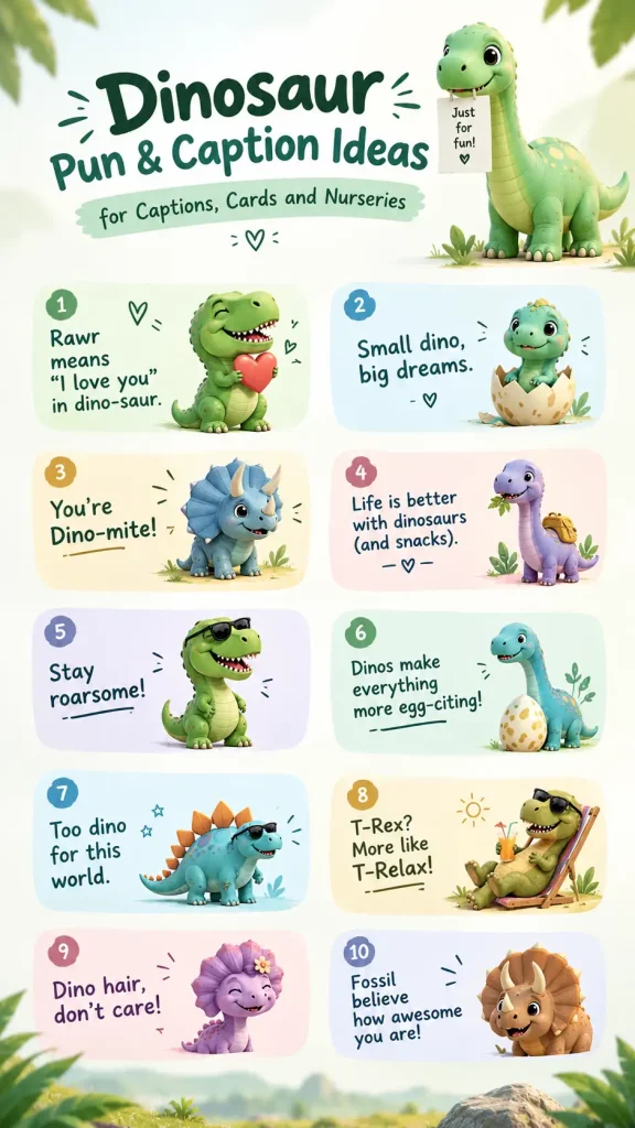 Cute dinosaur puns and one-liners for captions, cards, and nurseries