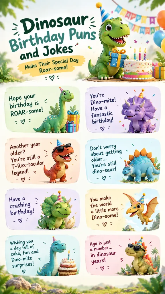 Dinosaur birthday puns and jokes with funny birthday dinosaur cards