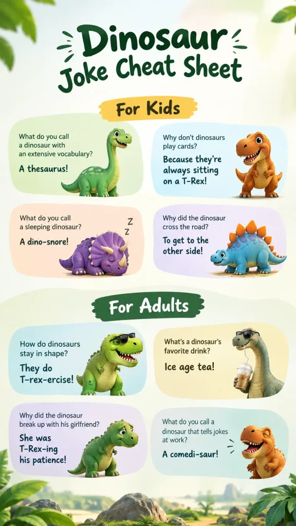 Dinosaur jokes for kids and adults cheat sheet with funny dinosaur joke cards