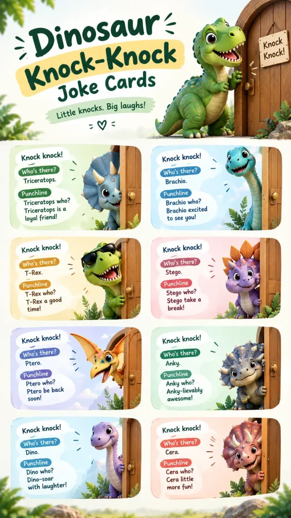 Dinosaur knock-knock jokes shown in illustrated joke cards