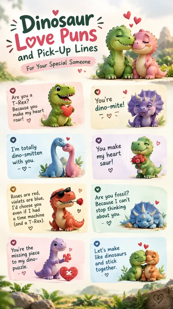 Dinosaur love puns and funny pick-up lines with cute dinosaur couples