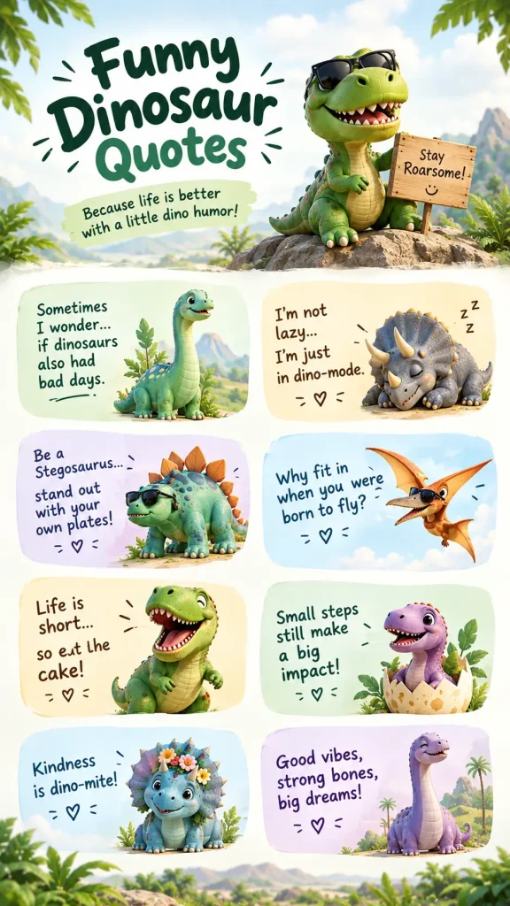 Funny dinosaur quotes with playful dinosaur illustrations